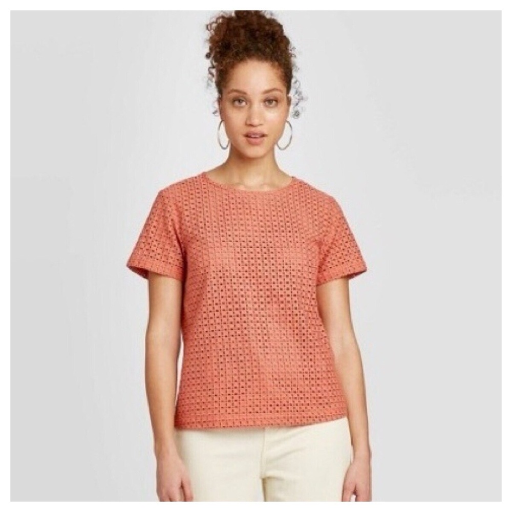A New Day Women's Coral Eyelet Short Sleeve Top